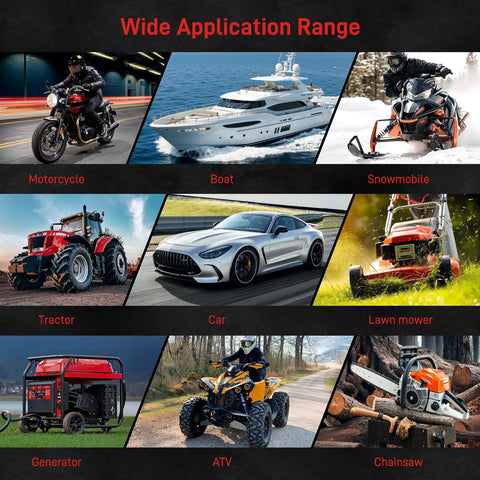 Image showing wide application range including motorcycle, boat, snowmobile, tractor, car, lawn mower, generator, ATV, chainsaw.