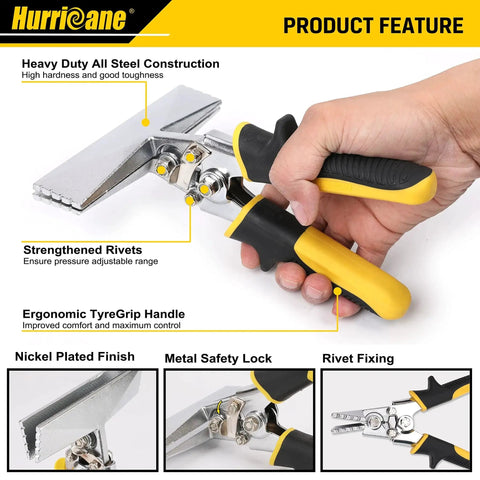 Six Inch Sheet Metal Hand Seamer With Straight Jaw Bender Pliers Pro Grade TyreGrip Ergonomic Handle in hand, showing highlighted features