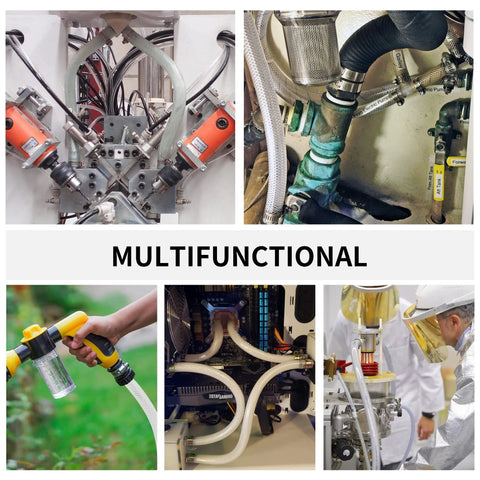 Clear braided PVC hose 3/8 in ID × 19/32 in OD, 50 ft; collage showing hoses in machinery, plumbing, outdoor spray, PC build, and lab.