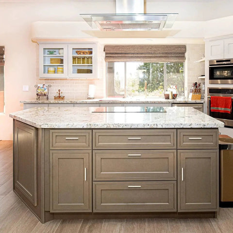 Modern kitchen with 30 Pack Brushed Nickel Square Cabinet Handles for Cabinets and Drawers, island view.