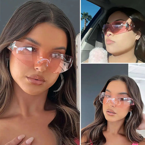 Rimless Y2K Sunglasses With Star Wrap Design UV400 Protection Lightweight PC Frames And Reinforced Hinges Dope Shield Shades For Women And Men Trendy 2000s Fashion Accessory In Black And Pink