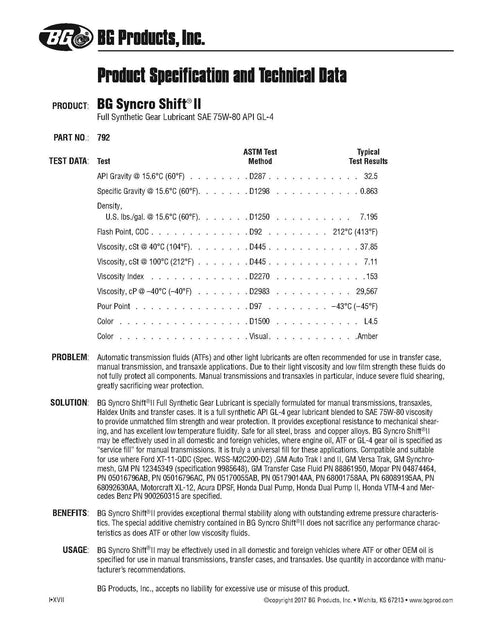 Technical data sheet for Syncro Shift II Gear Lubricant For Manual Transmissions And Transaxles With Pocket Screwdriver Kit, PN 792.