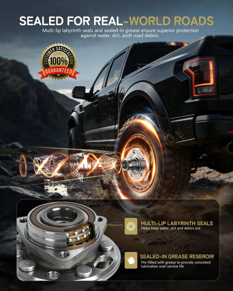 Close-up of a front wheel bearing hub assembly for Nissan Frontier and other models on a rugged road with a 4WD vehicle