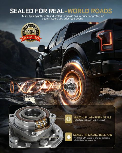 Front Wheel Bearing Hub Assembly on a rugged truck with highlighted sealing features for durability against dust and debris.