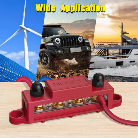 High Current Power Distribution Block Bus Bar For 48 Volt Systems, Four Five Sixteenths Inch Posts, installed, red, in use applications