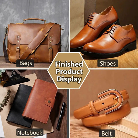Finished leather product display including bag, shoes, notebook, and belt in various brown shades.