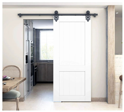 Ornate Cut Roller Black Iron Sliding Barn Hardware Kit For Single Door Hardware Only, Door Not Included 5 Foot Track installed