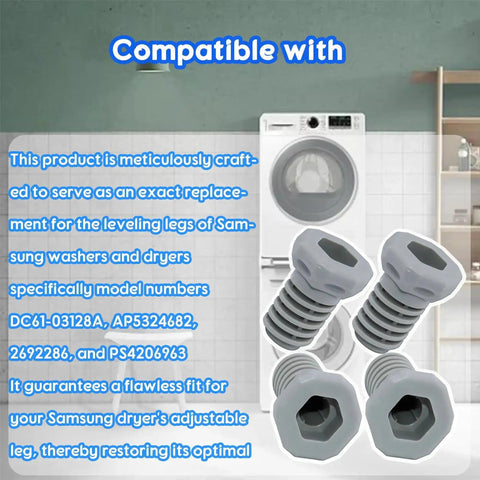 4 Pack Dryer Leveling Leg Feet Replacement For Front Load Dryers with model numbers DC61-03128A 2692286 AP5324682 PS4206963
