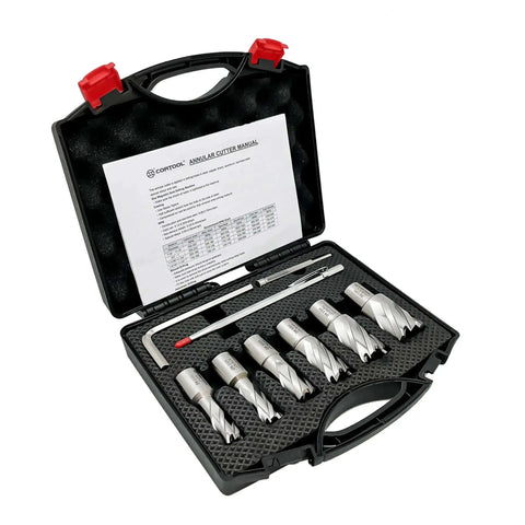 Heavy Duty Pro Grade Annular Cutters Set For Mag Drill With 9 Pieces HSS M2 Weldon Shank Slugger Bits 1 Cutting Depth Diameters Half Inch To One And One Sixteenth Inch Two Flat Pilot Pin Carbide Tipped Three Quarters Inch Shank Cortool in carrying case