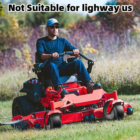 Man using red zero-turn mower on grass with Flat Free 13x6.50-6 Lawn Mower Tires and Wheel Set for Zero Turn Mowers
