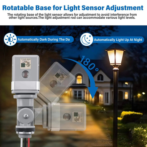 Two Pack Photocell Sensor For Outdoor Lighting, 120V AC, 50/60 Hz, IP54 Waterproof, shown with rotatable base in yard.