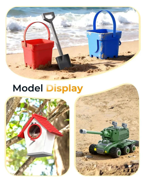 Colorful beach buckets with a shovel on sand, red and white birdhouse in tree, green toy tank on beach display.