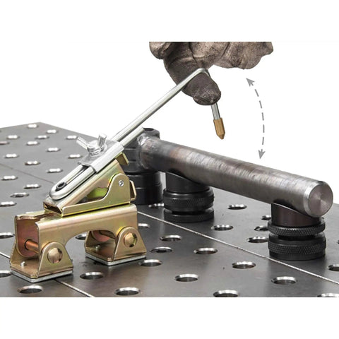 Grasshopper Magnetic Welding Finger With Brass Tip And Spring Loaded Arm Adjustable Length Anti Tipping Bolt 35 lb Magnetic Pull V Pad Base Ideal For Tack Welds Small Parts Like Nuts Bolts Thin Plates AGH230 in use on a welding bench.