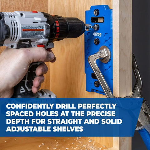 One Quarter Inch Shelf Pin Jig For Cabinets And Furniture With Edge Aligned Precision Hole Drilling Guide And Adjustable Shelf Pin Tool For Even Spacing And Quick Pro Grade Setup on cabinet in use.