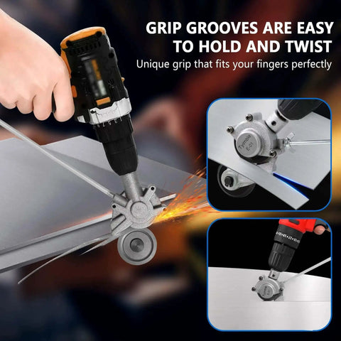 Electric Drill Plate Cutter Attachment For Metal Cutting in use, showing grip grooves and metal shearing on sheet.