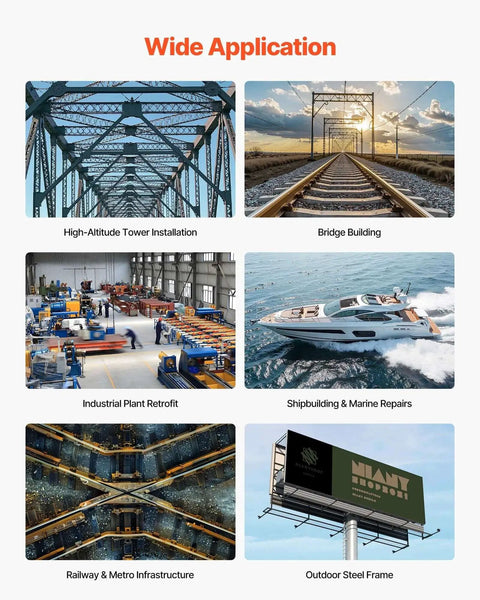Image showing diverse applications of a magnetic drill press: tower installation, bridge building, industrial and marine tasks.