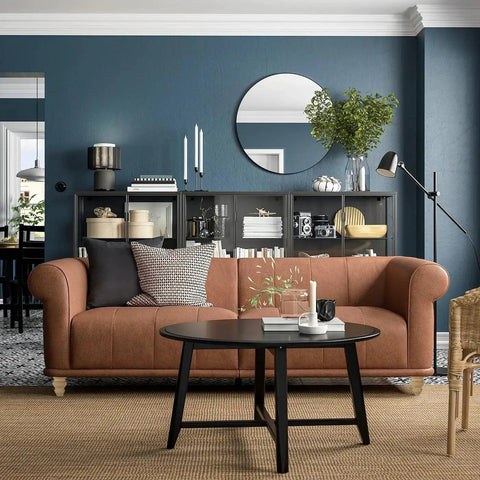 Living room with brown sofa featuring 4 Inch Unfinished Bun Feet For Couch, Sofa, Cabinet And Ottoman, enhancing modern decor.