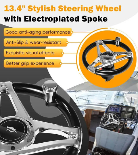 Beefed Up 200HP Hydraulic Outboard Steering Kit For Boats With Electroplated Steering Wheel, close-up view showing features.