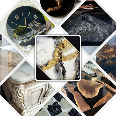 Collage of resin art projects and jewelry showcasing Black Resin Dye 1 Oz Highly Concentrated Color For Casting Resin Epoxy And Urethane.