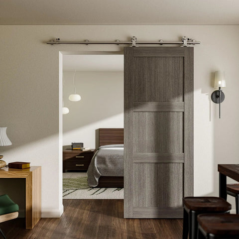 Heavy Duty 5ft Stainless Steel Sliding Barn Door Track Kit With Quiet Glide Rollers For A Single Door Supports Up To 220 Lbs Fits Doors Up To 30 Inches Wide Anti Rust Long Lasting Hardware installed in modern living space