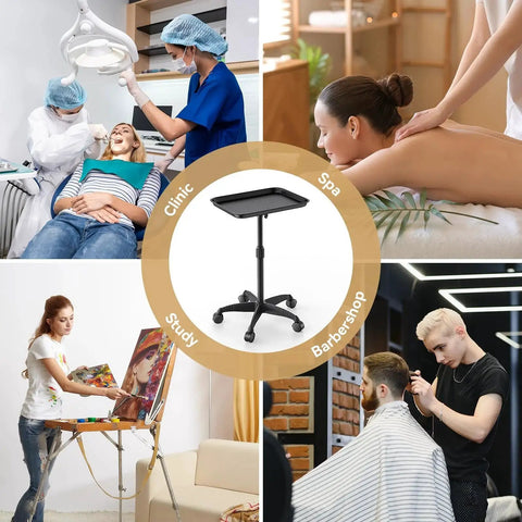 Adjustable Height Rolling Salon Tray On Wheels With 360 Degree Mobility And Hair Resistant Swivel Casters in various settings