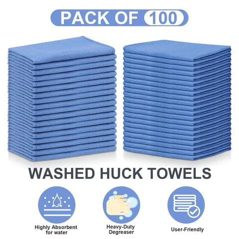 Blue Surgical Huck Towels 100 Piece Bulk Set Pro Grade 24 By 17 Inch Cotton Cleaning Shop Towels neat stacked display