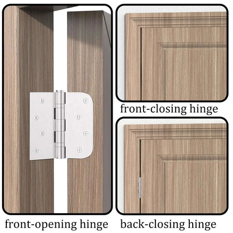 Three Pack 4 Inch Stainless Steel Door Hinges With Ball Bearings Heavy Duty Removable Pin Square Rounded Five Eighths Radius Corner installed on wooden door