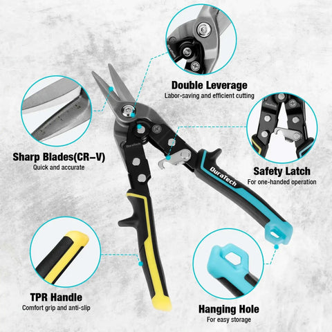 3 Piece Aviation Snips Set With 10 Inch Left Cut Straight Cut And Right Cut Tin Snips for Cutting Metal Sheets with labeled features