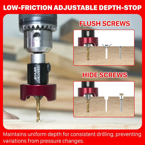 Carbide Tipped Countersink Drill Bit With Depth Stop 82 Degree 3/8 Inch Diameter, 1/8 Inch Drill Diameter, 1/4 Inch Shank, Ball Bearing Adjustable Depth Stop For Ultra Smooth Finish On Softwood And Hardwood KEENTECH shown with flush and hidden screw examples.