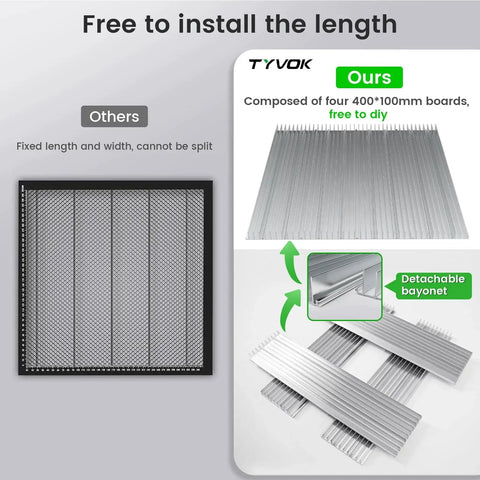 Honeycomb Laser Bed Modular Kit 400x400mm for laser engravers and cutters, showing detachable aluminum panels assembly.