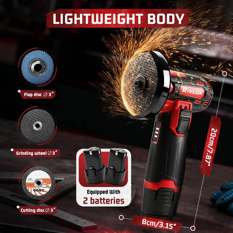 Cordless Mini 3 Inch Angle Grinder Kit With Dual 12V 1500mAh Batteries And Charger Rivlox Includes 5 Cutting Discs For Metal And Wood Projects Portable Handheld Grinder For DIY Home Improvement, showing grinder with spark effect and accessories.
