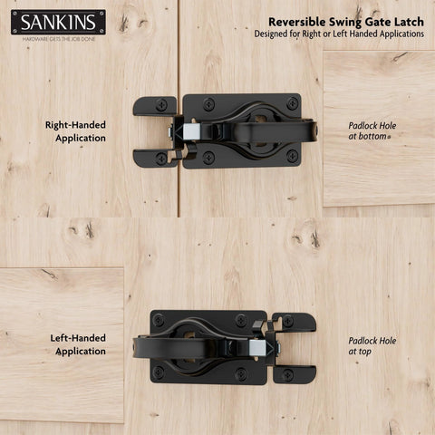 Image showing reversible swing gate latch installed on wood with right and left-handed options, padlock holes visible.