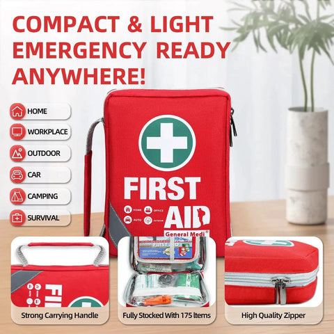 Compact 175 Piece First Aid Kit With Reflective Bag Design, shown with zipper and contents for travel, home, office, vehicle use.