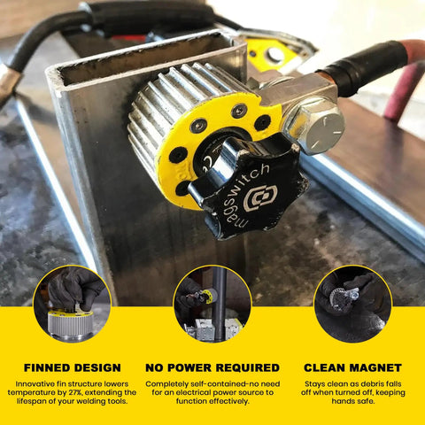 Magnetic Welding Ground Clamp Base Holder With 300 Amp Capacity Magswitch On Off Grounding Heavy Duty Clamp on metal surface.