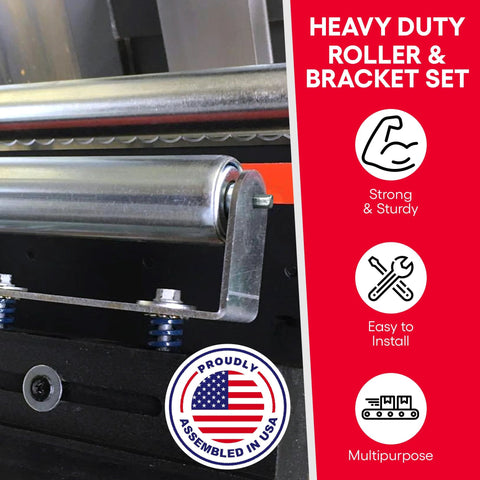 Galvanized steel roller bracket set mounted on a conveyor system; close-up view of roller and bracket.