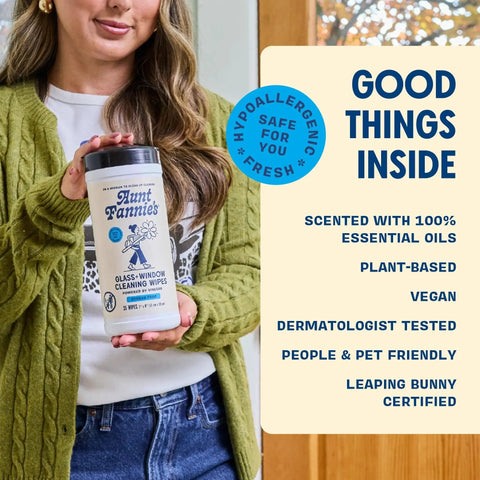 Woman holding Streak Free Glass And Window Cleaning Wipes With Vinegar Plant Based Cleaners next to features list