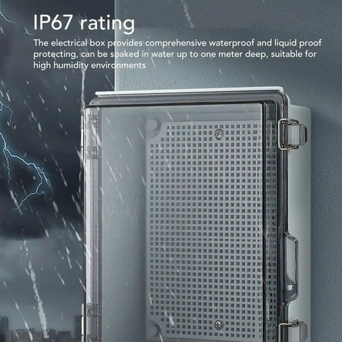 Rugged Outdoor Electrical Junction Box With IP67 ABS Enclosure, grid plate, clear cover, stainless lock, rain in background