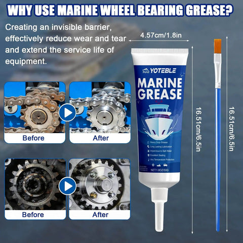 All Purpose Marine Grade Grease Tube Built To Last For Steering Cables, U Joints, Wheel Bearings, Throttle And Shift Cables, Waterproof Shield, Extreme Pressure Tough Formula, 50G tube with before and after use images.