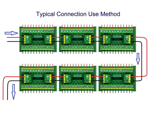 Image showing a Two Row 2x12 Position Screw Terminal Block Distribution Module 30A 300V with multiple modules connected in a series.