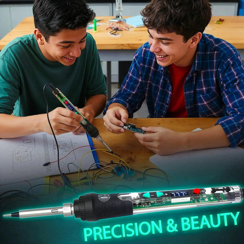 Clear Shell Soldering Iron Kit Pro Grade With 68W Power And Adjustable Temperature From 200C To 500C See Through Solder Gun Tool on table with two people working on electronics project.