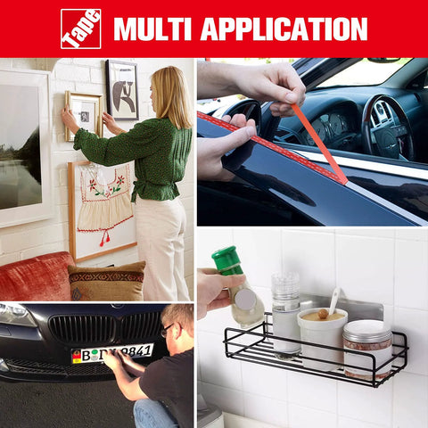 Double-sided heavy-duty adhesive mounting tape used for wall art, car trim, license plate mounting, and bathroom shelf organization.
