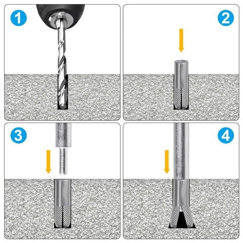 Installation process of Drop In Anchor Hand Setting Tool For Quarter Inch Anchors, All Steel Construction, in concrete