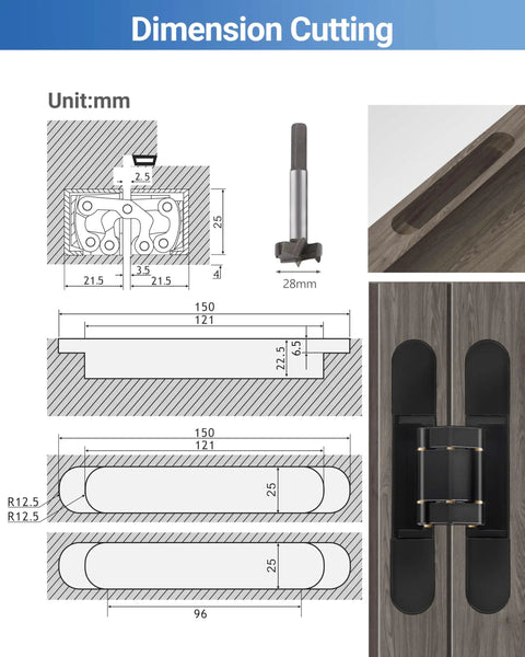Heavy Duty Concealed Door Hinges 7 Inch Black Set Of 2 Hidden Hinges For Doors With 3 Way Adjustable And 180 Degree Swing