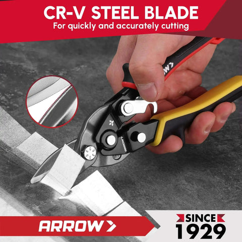 Close-up of Left Straight Right Tin Snips Set 8 Inch cutting metal sheet, featuring CR-V steel blade for precision and durability
