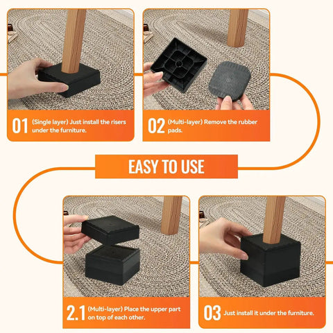 Instructions for installing Heavy Duty Adjustable Bed Risers Set 4 Pack with 2, 3 and 4 inch lift blocks under furniture leg.