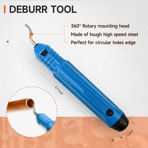 ProPress Copper Pipe Press Tool Kit With Cutter And Deburring Tool For Leak Free Connections shown with blue deburring tool.