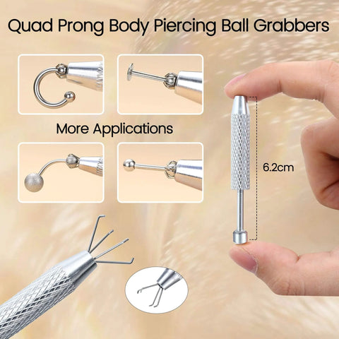 Quad prong body piercing ball grabber tool held in hand with multiple application images, 6.2cm size, surgical steel.
