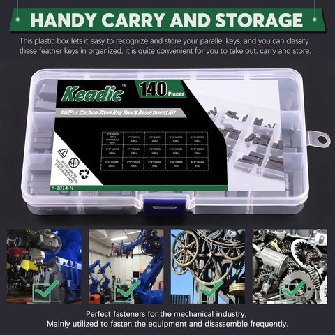 Carbon Steel Round Ended Feather Key Set With 140 Pieces And 16 Size Assortment For Drive Shaft And Pulley Fastening