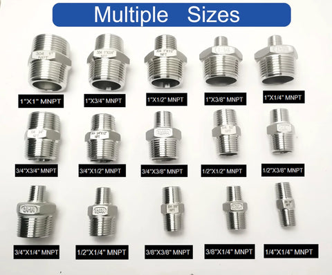 POTONZ 304 stainless MNPT nipple set, 15 pieces, assorted sizes 1/4–1 in, includes Teflon tape