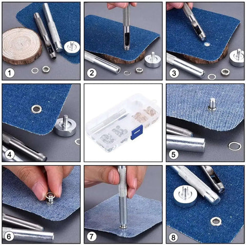 1/4 Inch Grommet Tool Kit With 100 Grommets And Punch Set for Fabric Leather Canvas; step-by-step installation process